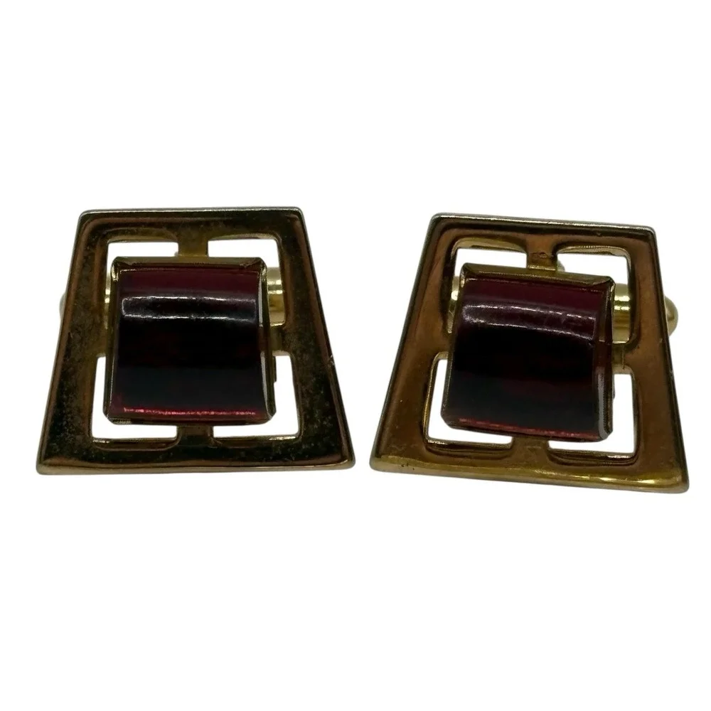 ANSON Cherry Red Lucite Cufflinks Tie Clip Bar Set Gold‎ Tone Open Frame Vintage